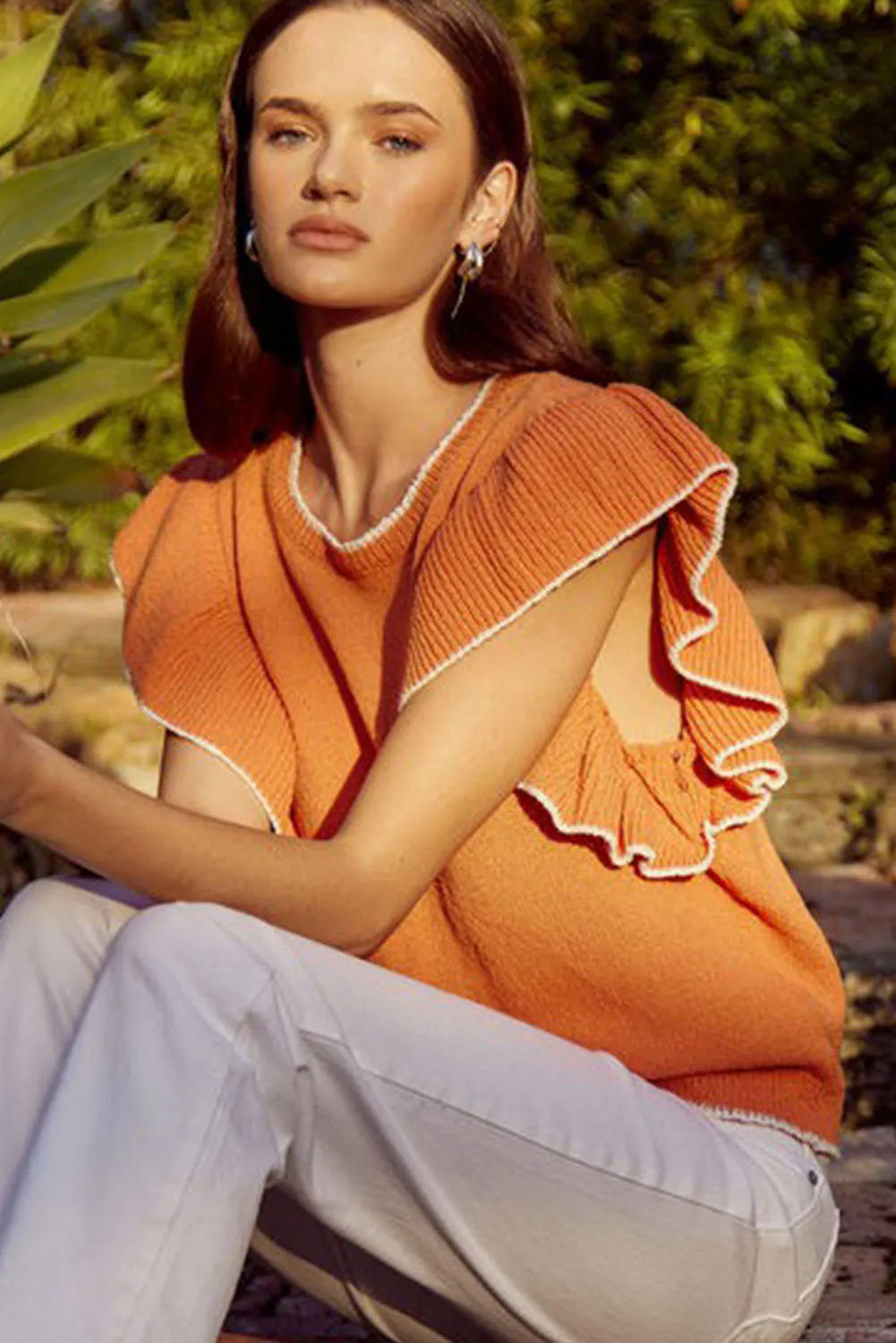Russet Orange Contrast Trim Ruffle Sleeve Knitted Top
