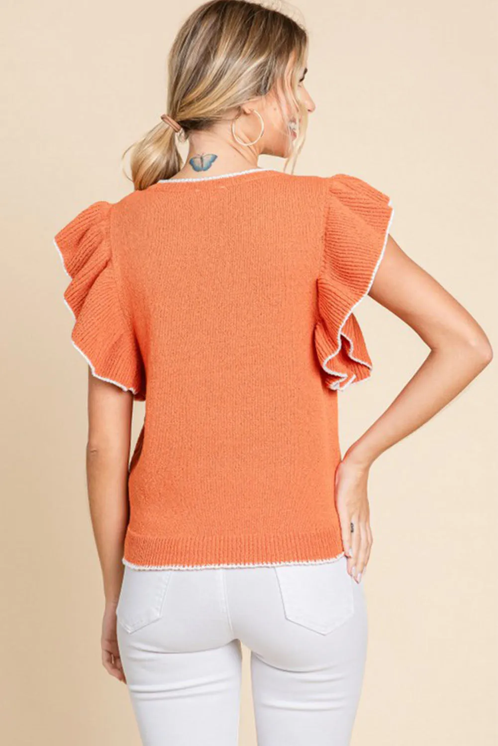 Russet Orange Contrast Trim Ruffle Sleeve Knitted Top