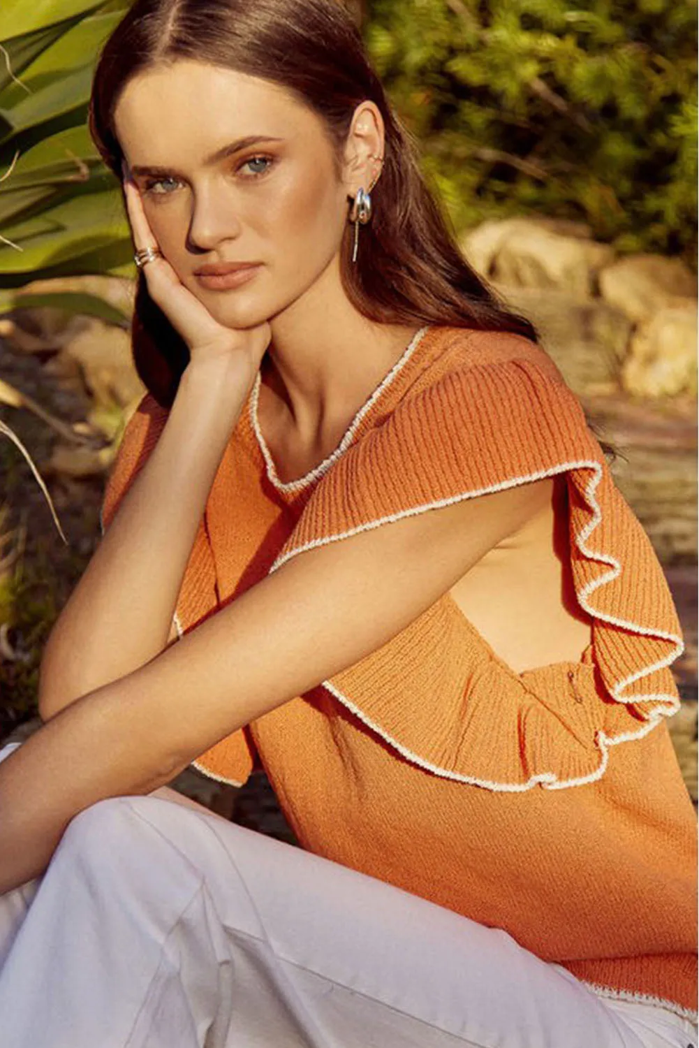 Russet Orange Contrast Trim Ruffle Sleeve Knitted Top