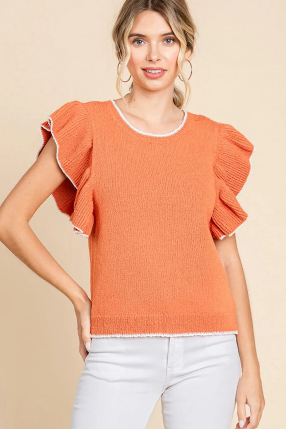 Russet Orange Contrast Trim Ruffle Sleeve Knitted Top
