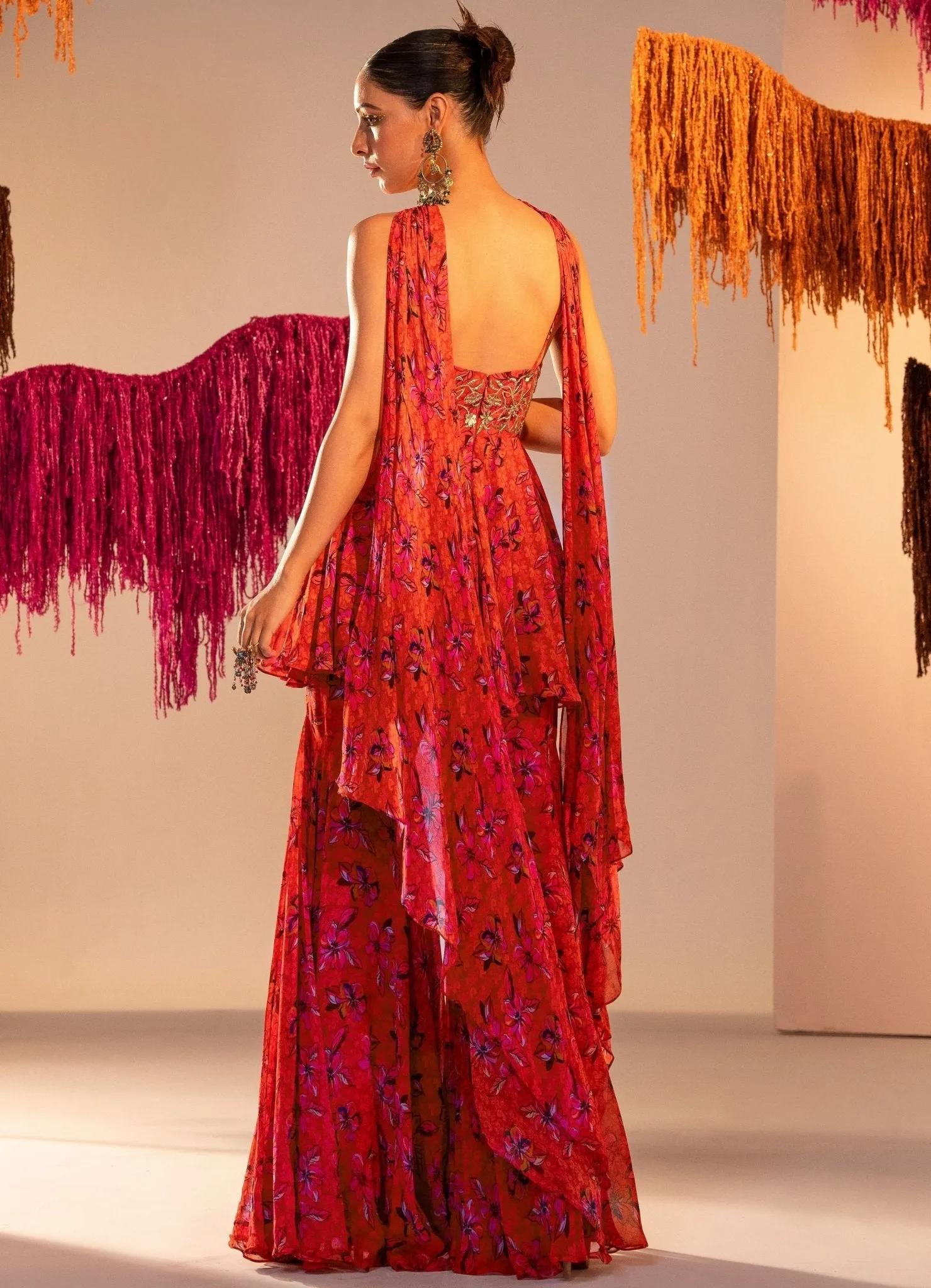 Rust Orange Printed Embroidered Peplum Kurta Garara Set