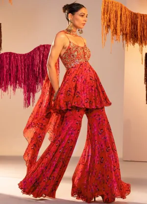 Rust Orange Printed Embroidered Peplum Kurta Garara Set