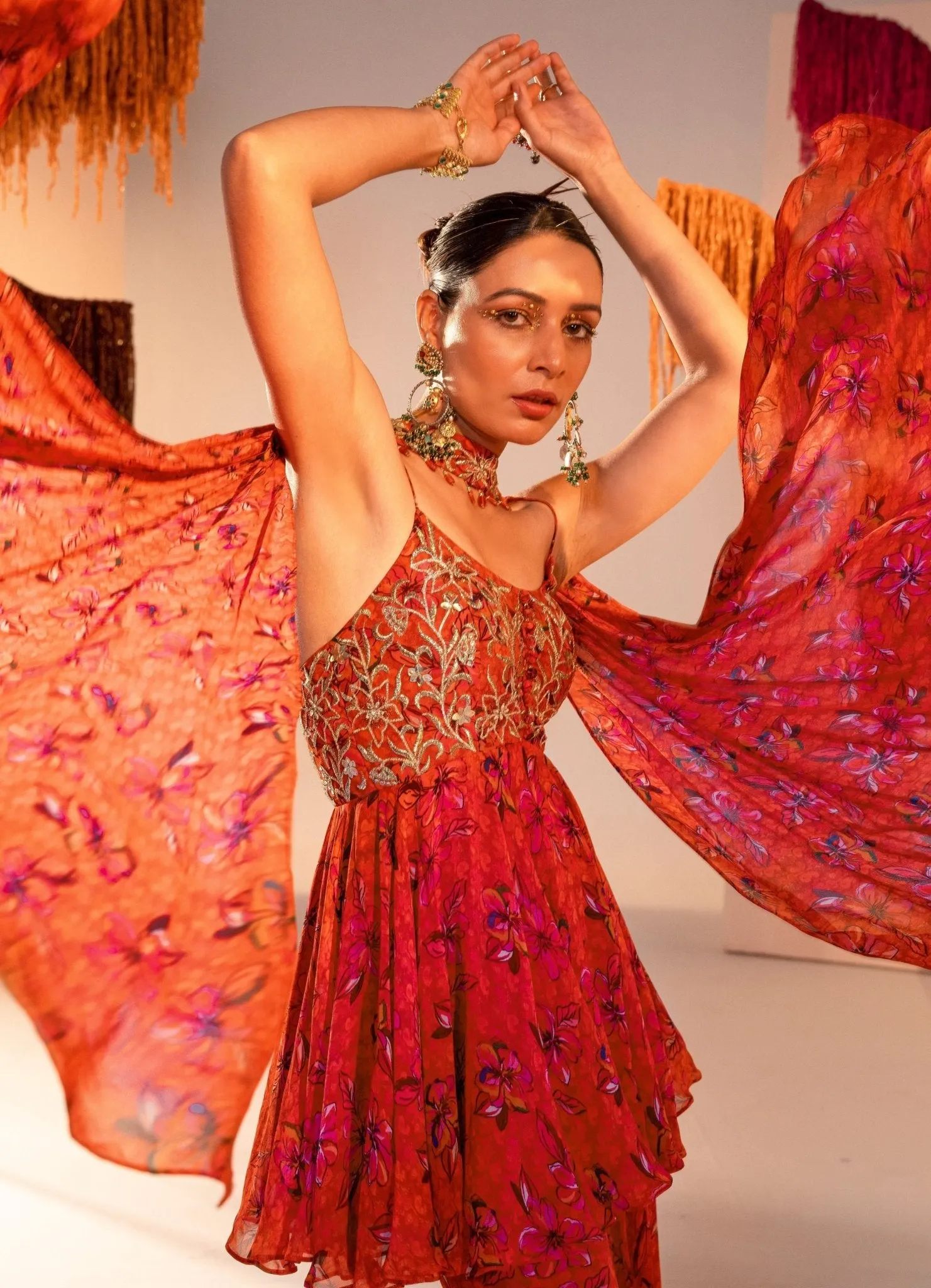 Rust Orange Printed Embroidered Peplum Kurta Garara Set