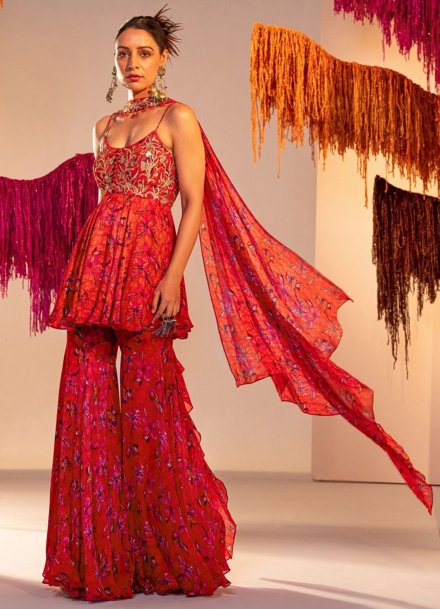Rust Orange Printed Embroidered Peplum Kurta Garara Set