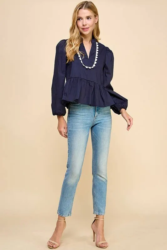 SALE Scalloped Neckline Navy Blouse