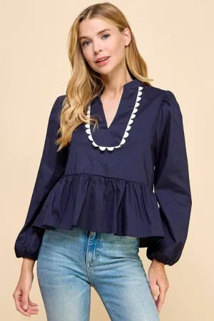 SALE Scalloped Neckline Navy Blouse