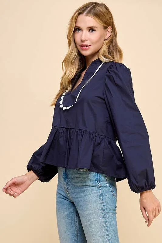 SALE Scalloped Neckline Navy Blouse