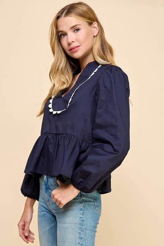 SALE Scalloped Neckline Navy Blouse