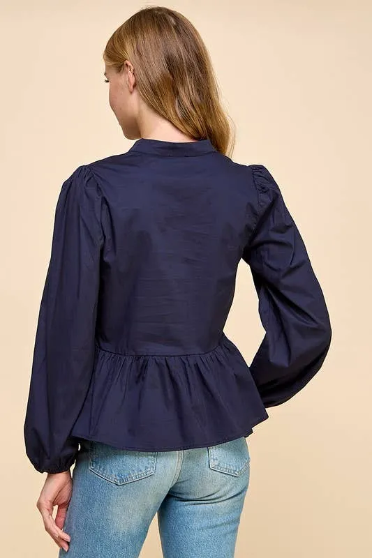 SALE Scalloped Neckline Navy Blouse