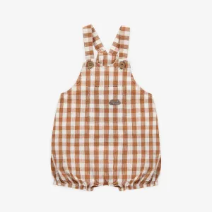Salopette brune avec motifs à carreaux en seersucker, naissance || Brown overall with plaid patterns in seersucker, newborn