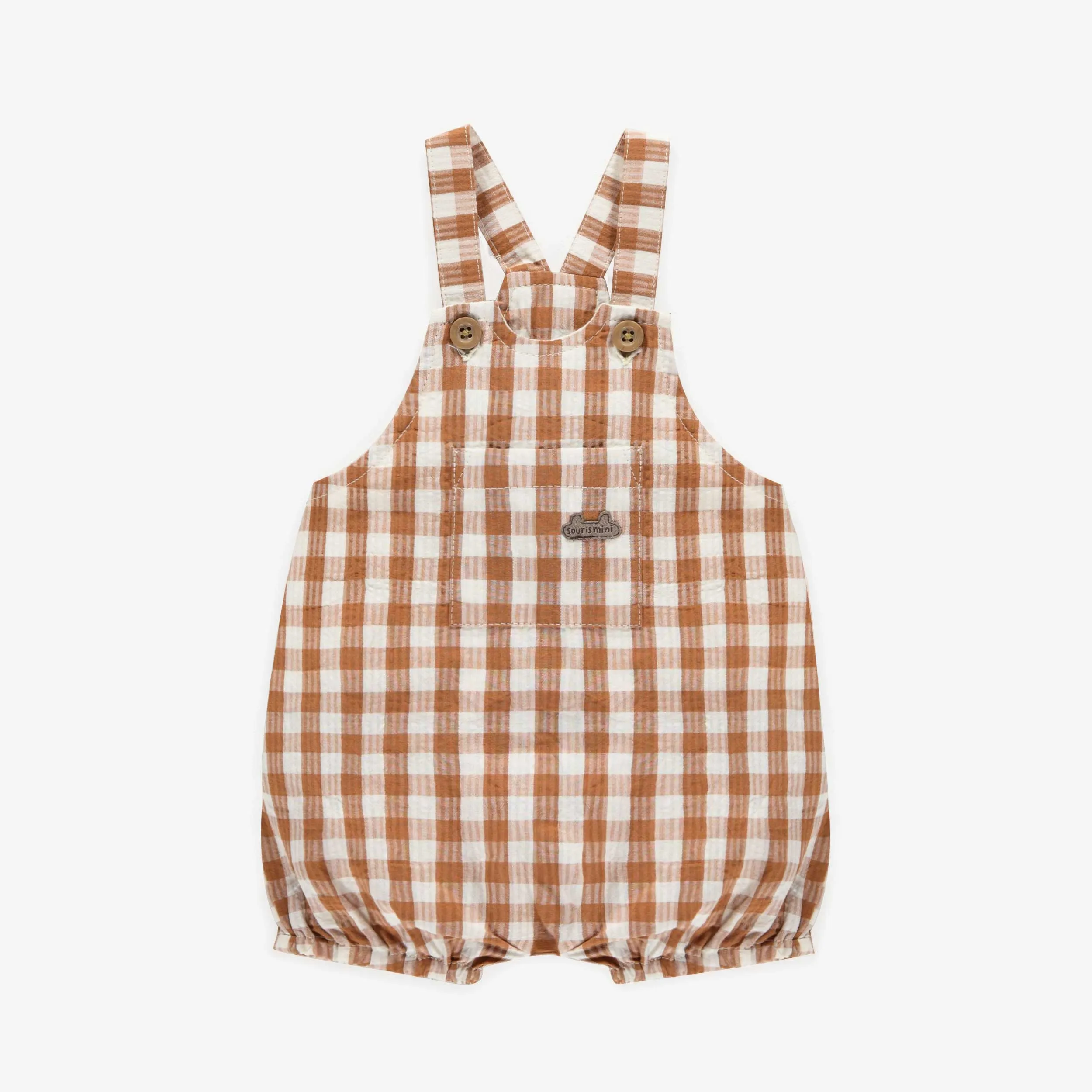 Salopette brune avec motifs à carreaux en seersucker, naissance || Brown overall with plaid patterns in seersucker, newborn
