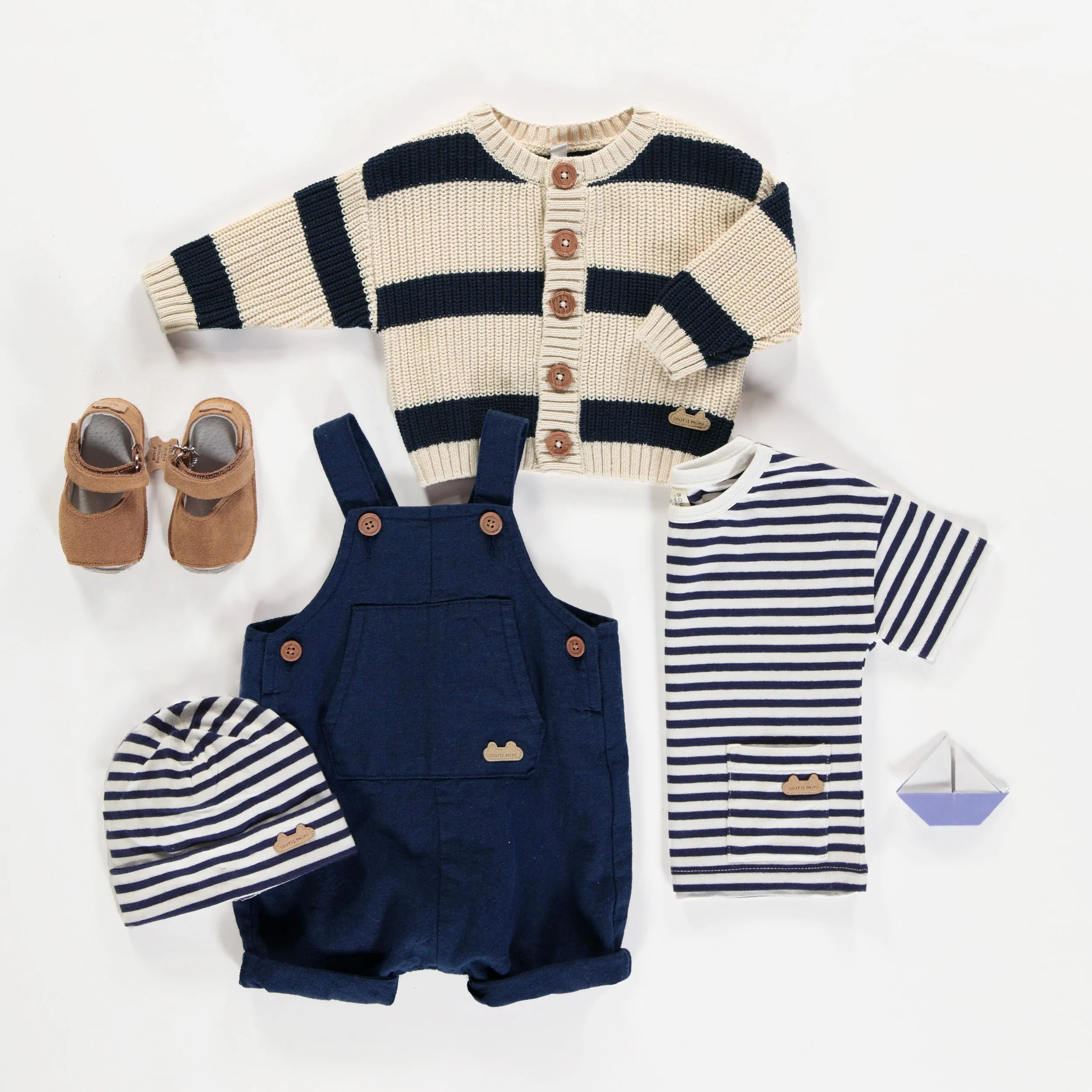 Salopette courte ample marine en lin et en coton, naissance || Navy loose short overall in linen and cotton newborn