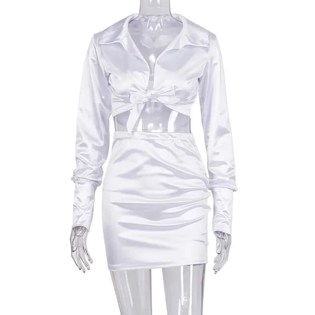 Santana Satin Tie Top And Skirt Set