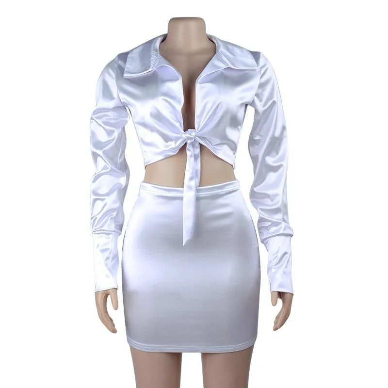 Santana Satin Tie Top And Skirt Set