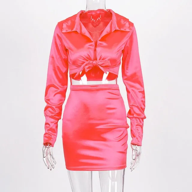 Santana Satin Tie Top And Skirt Set