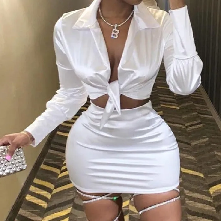 Santana Satin Tie Top And Skirt Set