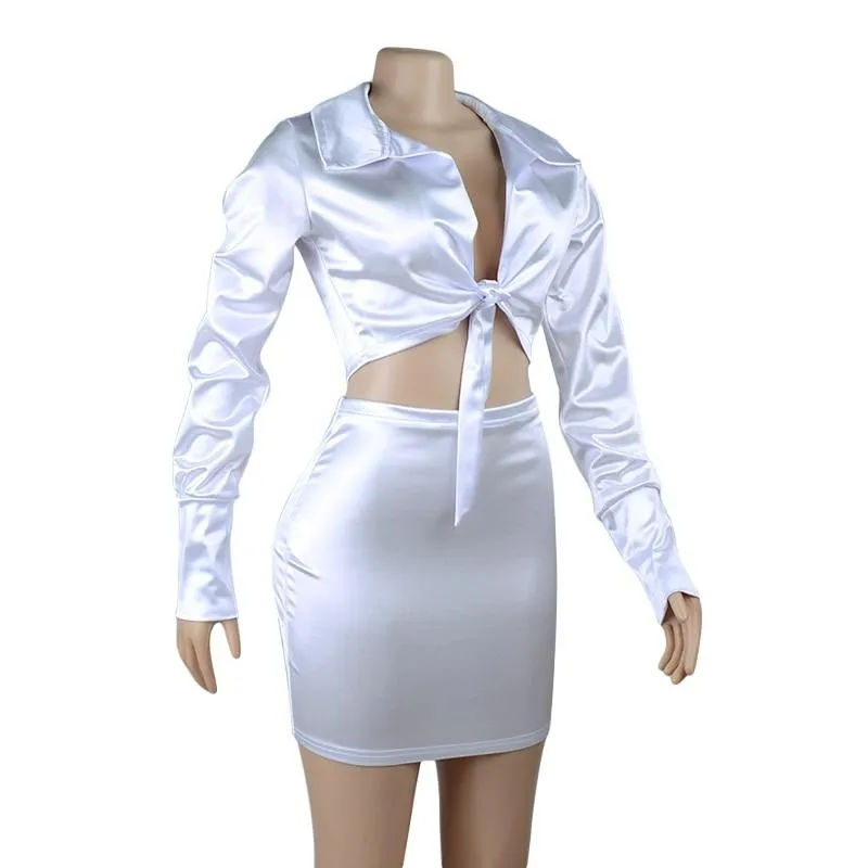 Santana Satin Tie Top And Skirt Set