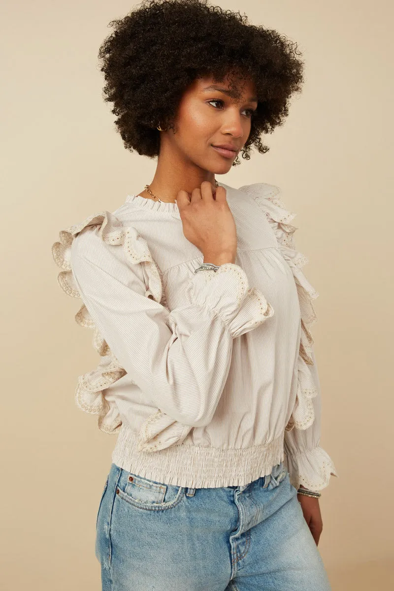 Scallop Lace Detail Ruffled Poplin Top
