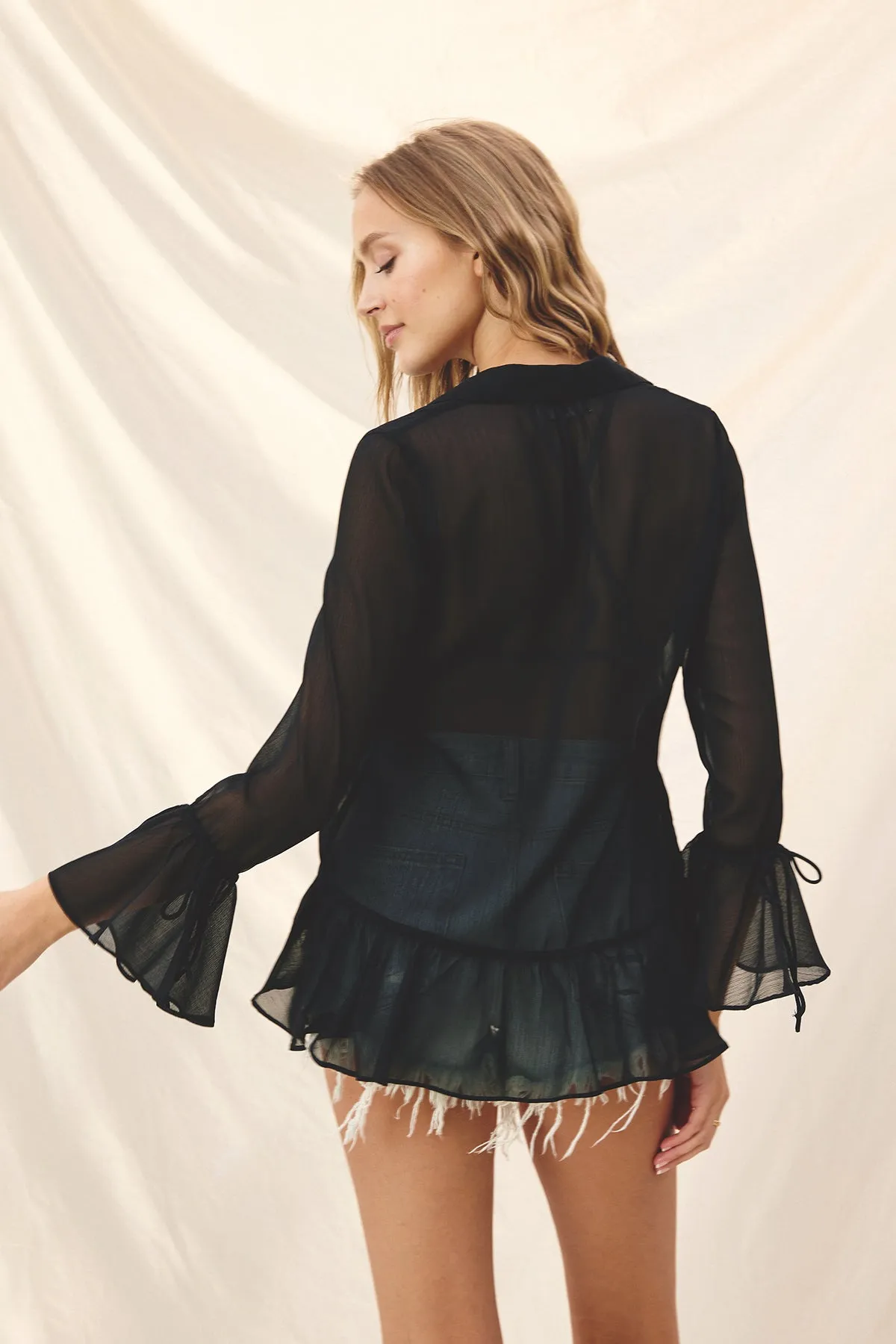 Semi Sheer Ruffled Tie Front Blouse