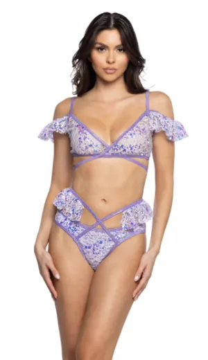 Sequin Lace Ruffle Wrap Top - Lavender JR128