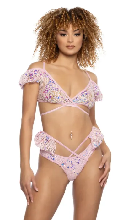 Sequin Lace Ruffle Wrap Top - Lavender JR128