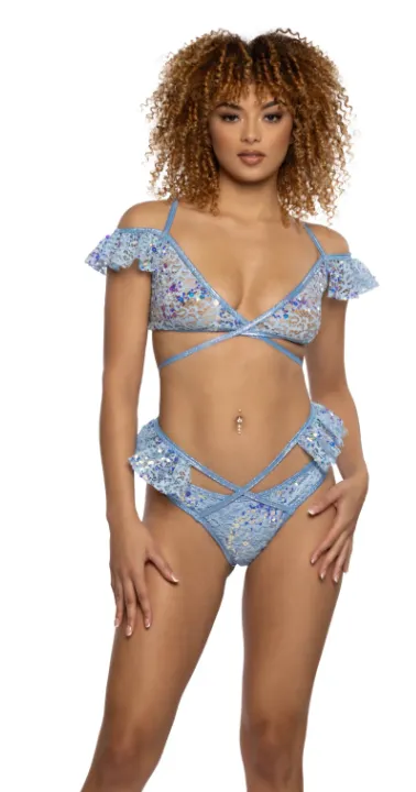 Sequin Lace Ruffle Wrap Top - Lavender JR128