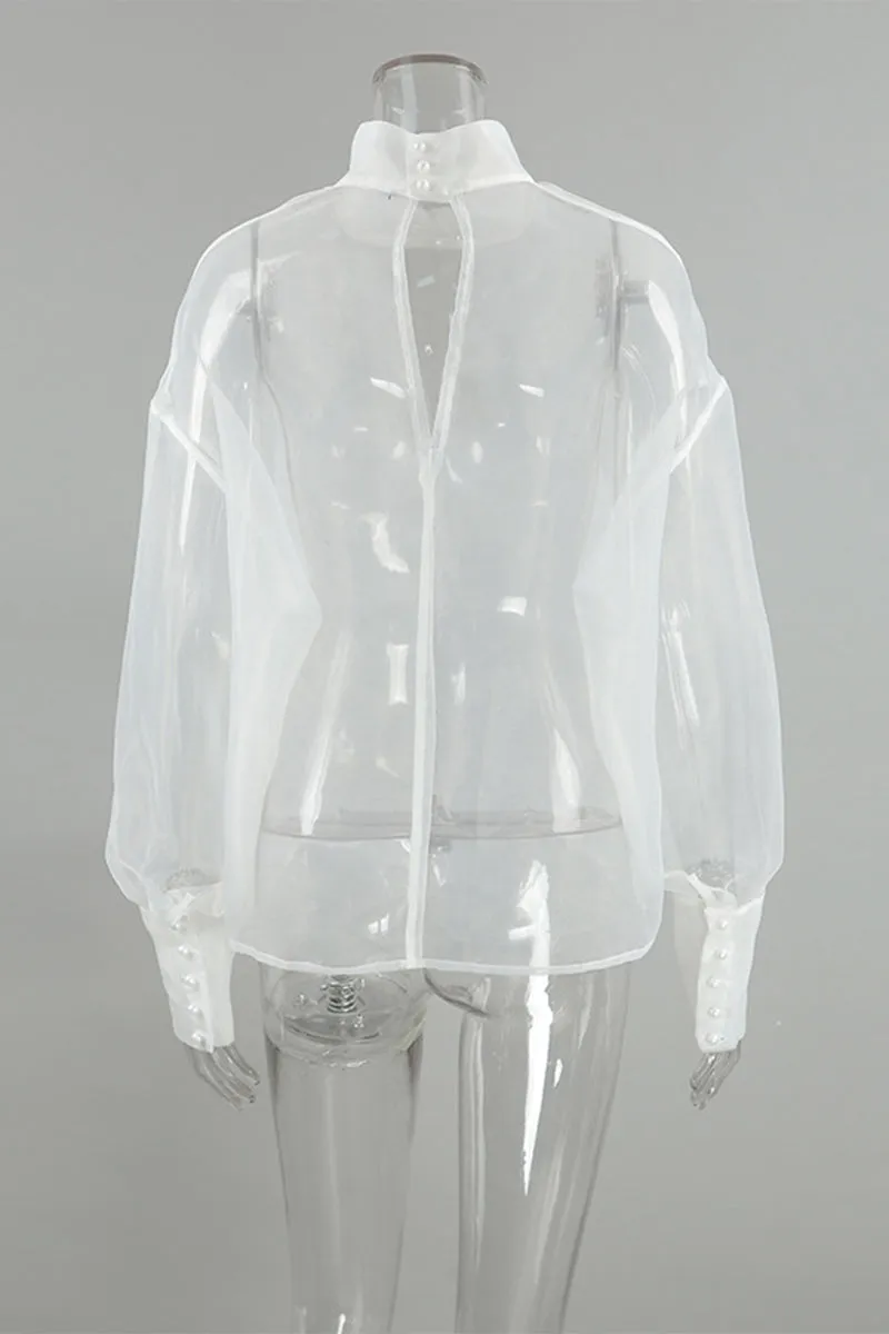 Sexy Buttons See-Through Mesh Turtleneck Tops