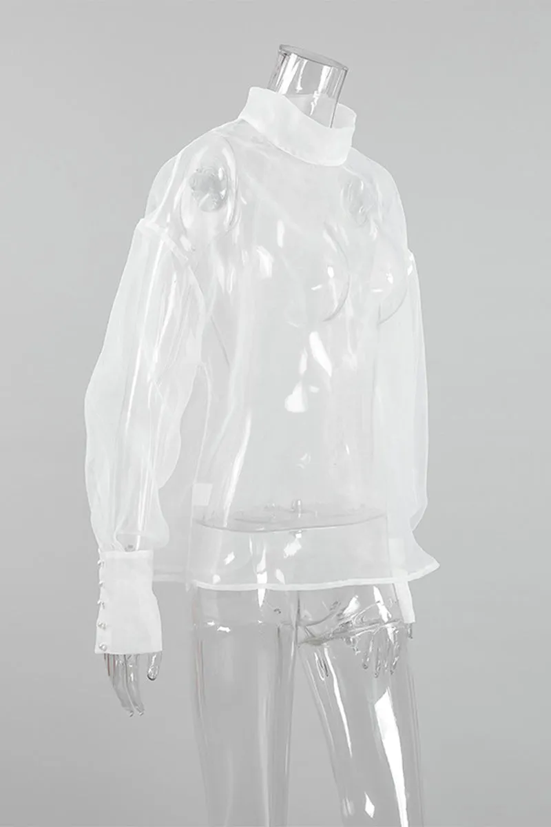 Sexy Buttons See-Through Mesh Turtleneck Tops