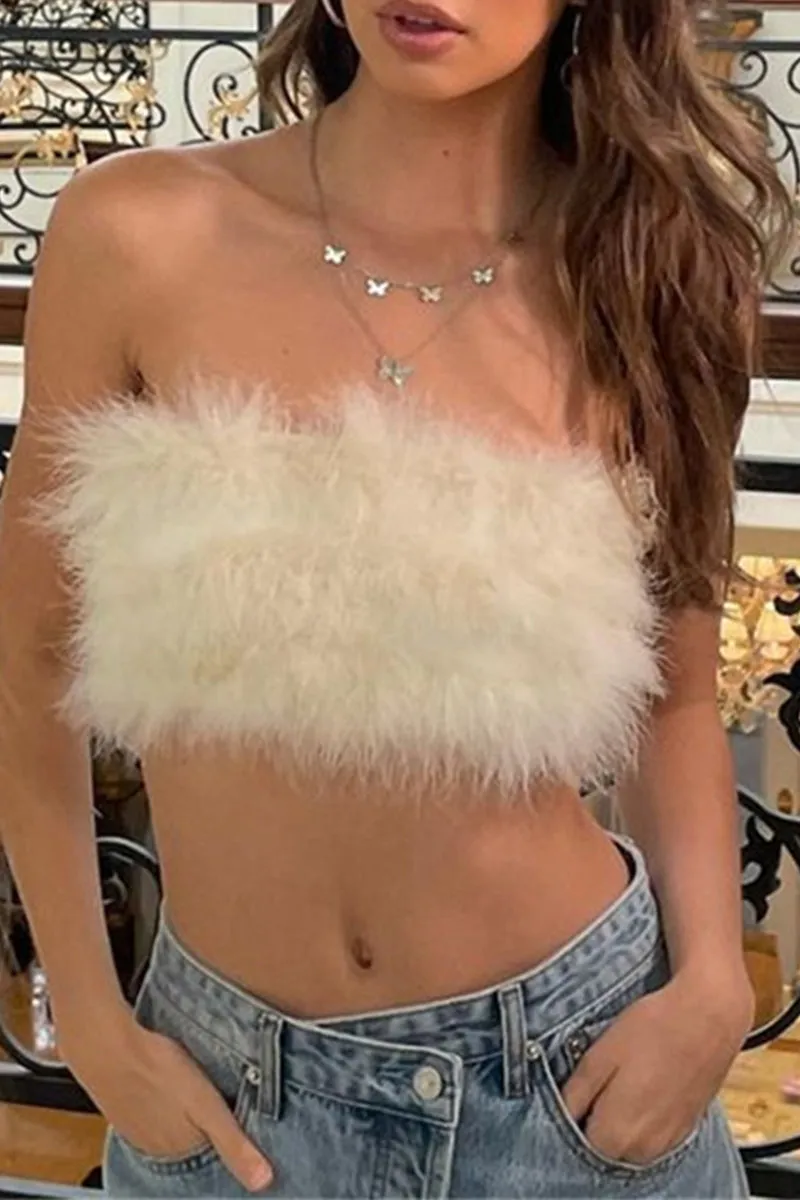 Sexy Solid Color Zipper Fluffy Strapless Tops