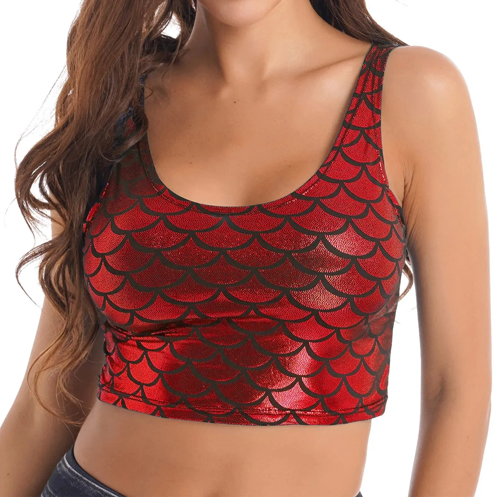 Shiny Metallic Sequin Crop Top - Mermaid Fish Scale Tank Top for Festivals, Raves, and Dance Performances