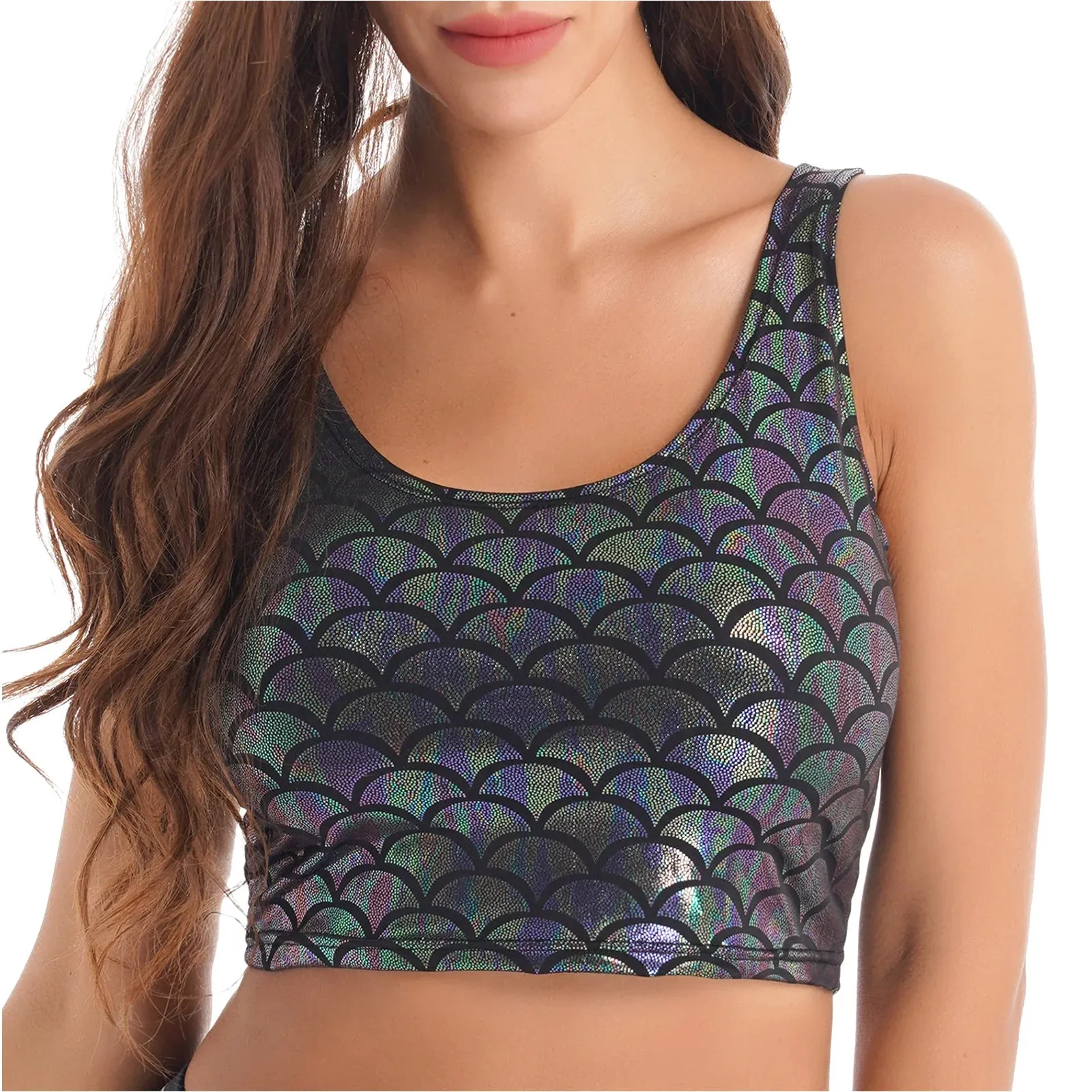 Shiny Metallic Sequin Crop Top - Mermaid Fish Scale Tank Top for Festivals, Raves, and Dance Performances