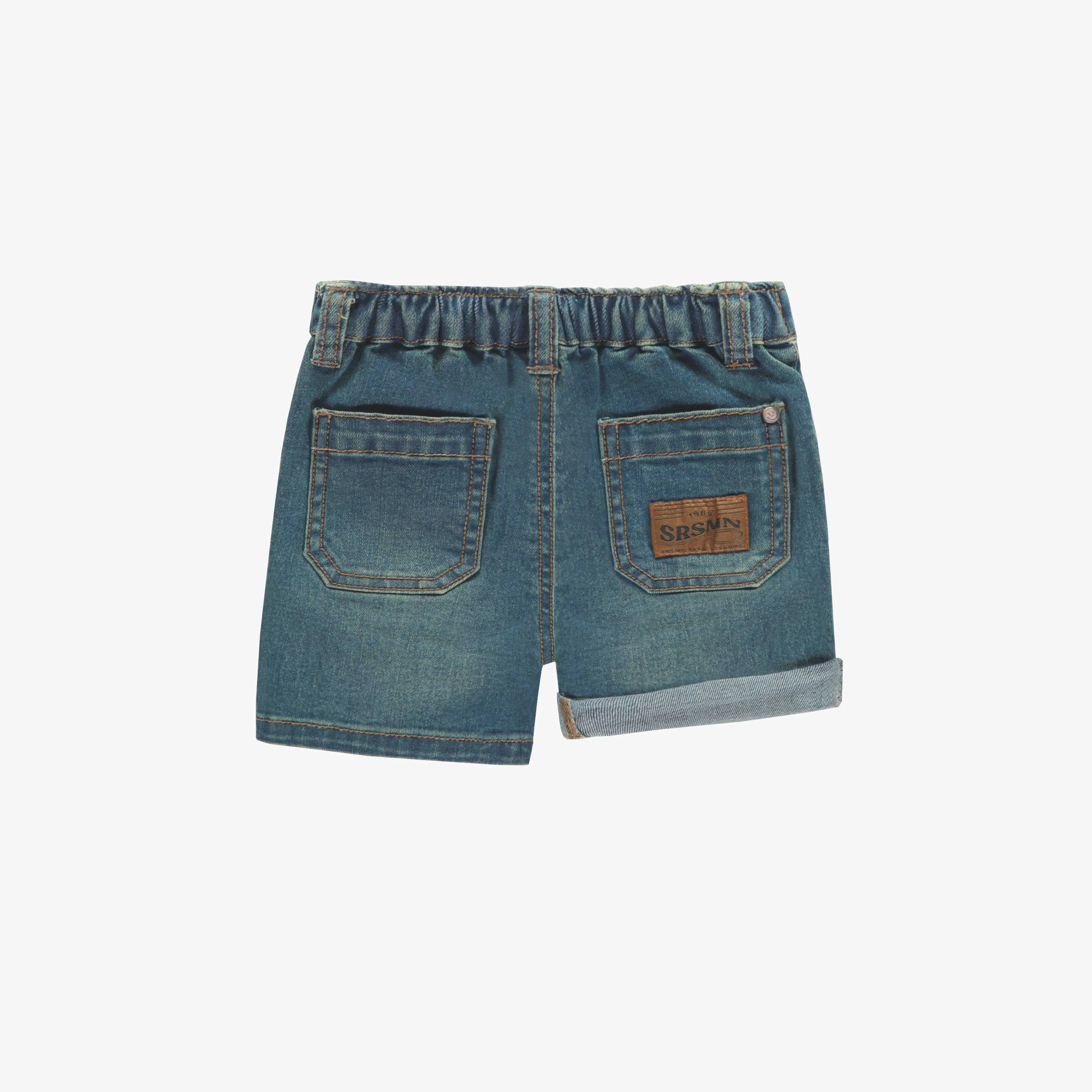 Short coupe régulière en denim extensible, bleu moyen, bébé || Relaxed fit short in stretch denim, baby