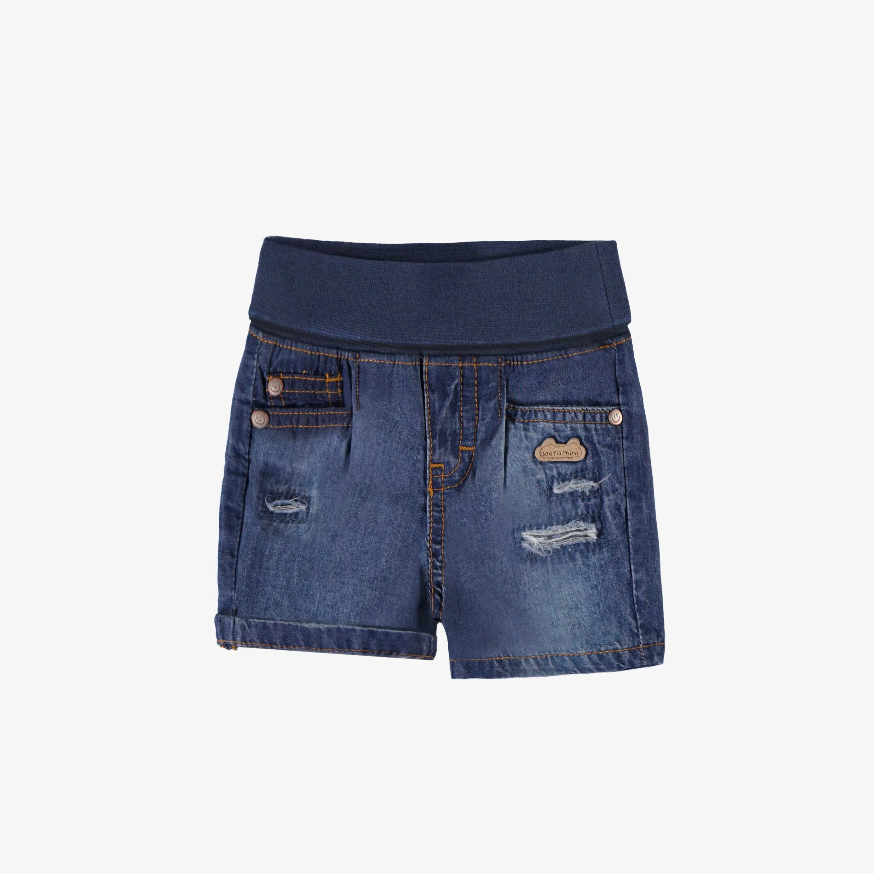 Short en denim bleu à effet délavé, naissance || Blue denim shorts with faded effect, newborn