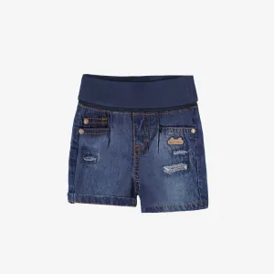 Short en denim bleu à effet délavé, naissance || Blue denim shorts with faded effect, newborn