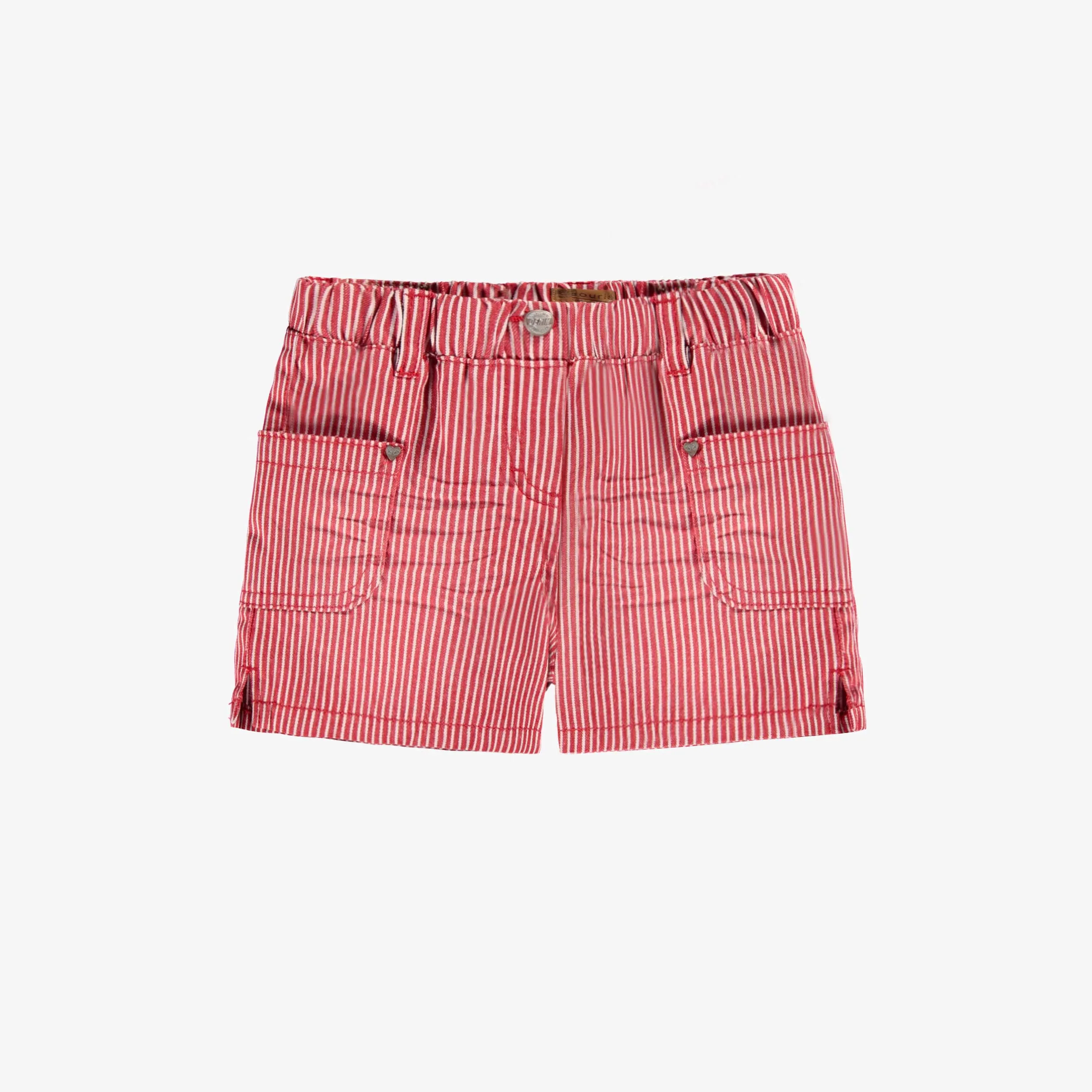 Short rouge et blanc en denim à rayures, enfant || Red and white striped denim shorts, child