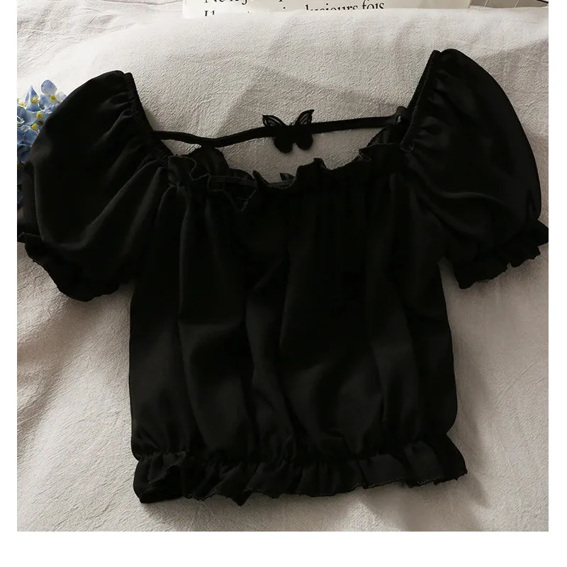 Short Sleeve Butterfly Pattern Sexy Crop Tops