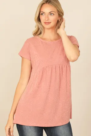 SHORT SLEEVE ROUND NECK PLEATED PEPLUM PAISLEY TOP