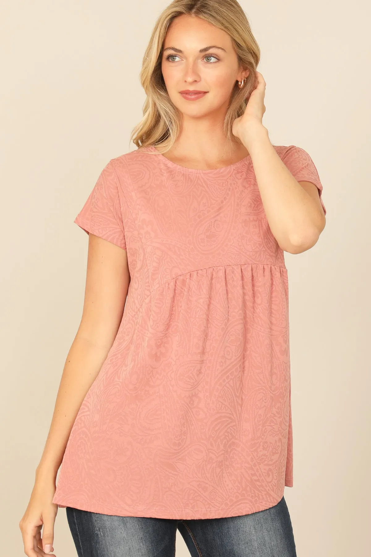 SHORT SLEEVE ROUND NECK PLEATED PEPLUM PAISLEY TOP