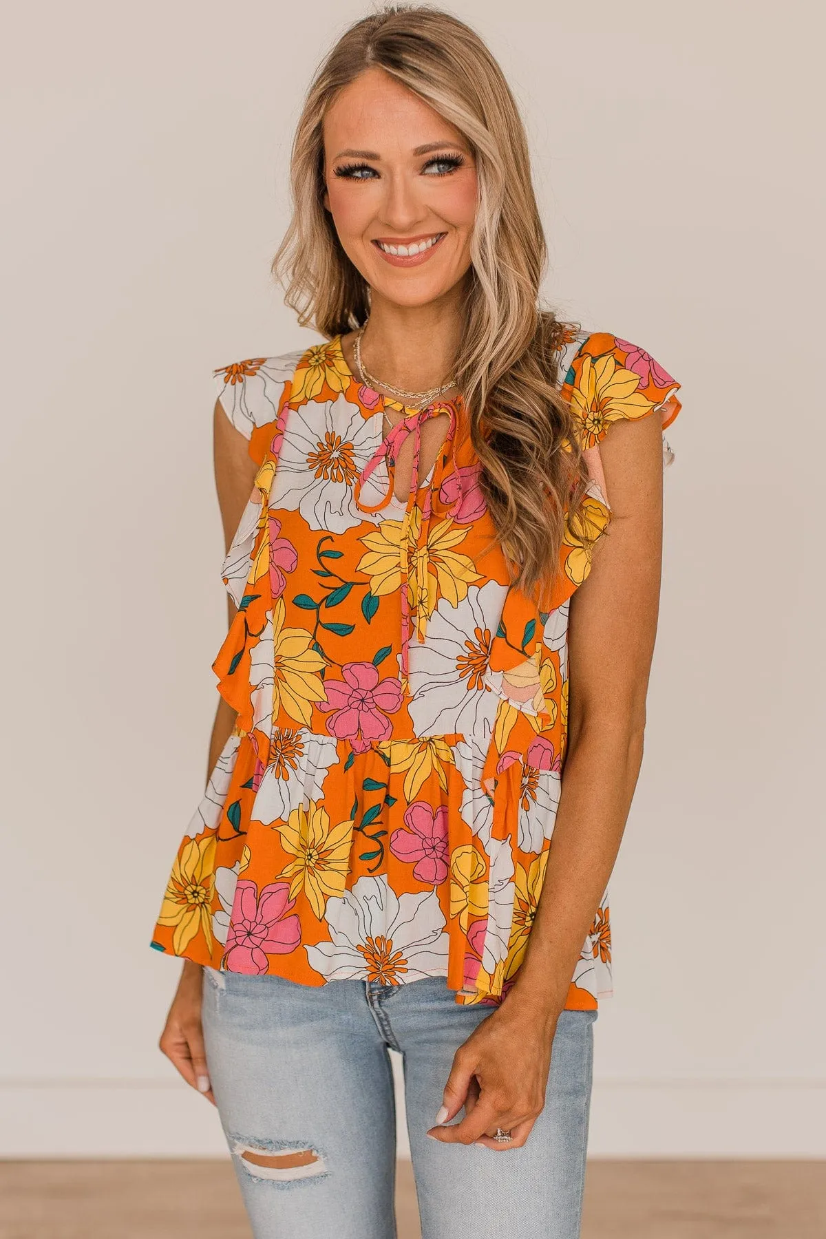 Simply Glowing Floral Peplum Blouse- Orange
