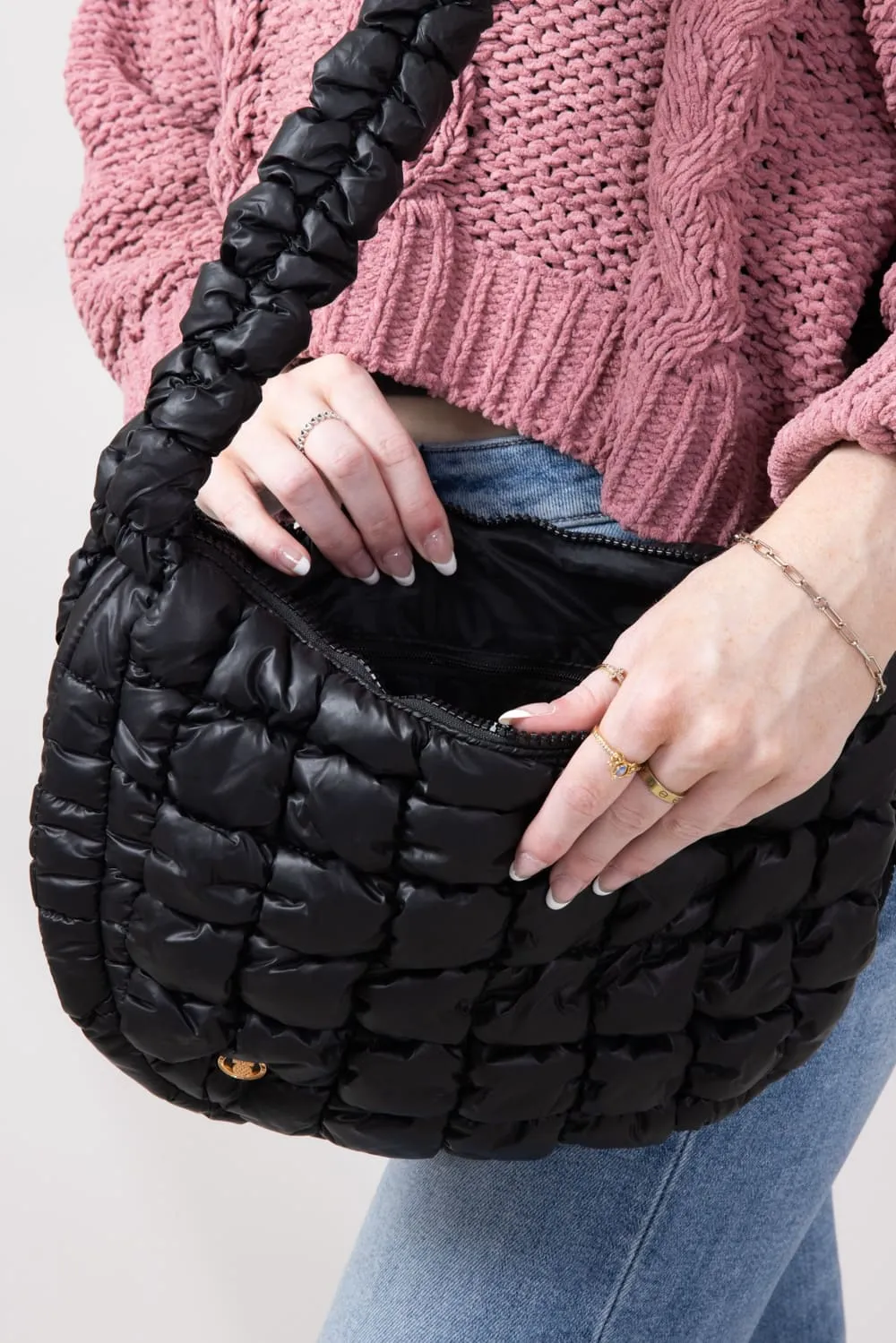 Simply Southern Quilted Puffer Shoulder Bag for Women in Black | 0224-BAG-PUFF-SHLDR-BLACK