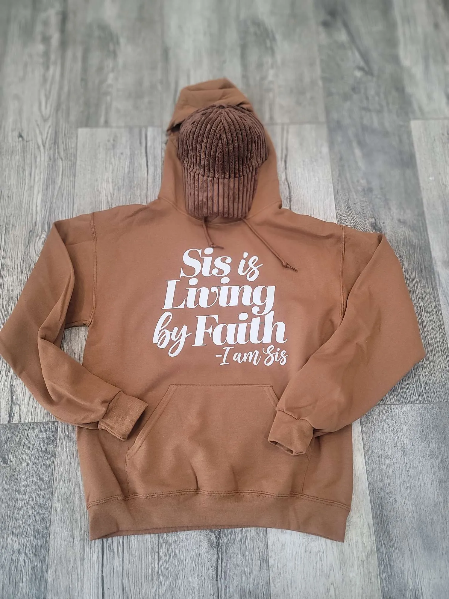 Sis Is Living By Faith Hoodie - Golden Brown/White