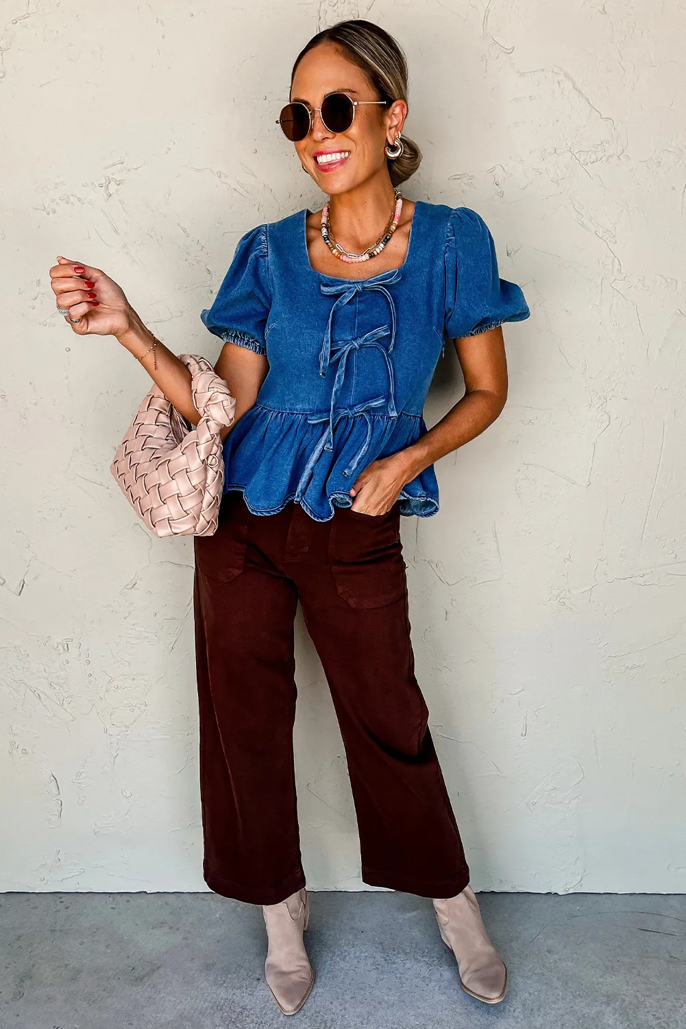 Sky Blue Bow Ties Puff Short Sleeve Peplum Denim Top