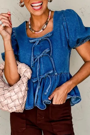 Sky Blue Bow Ties Puff Short Sleeve Peplum Denim Top