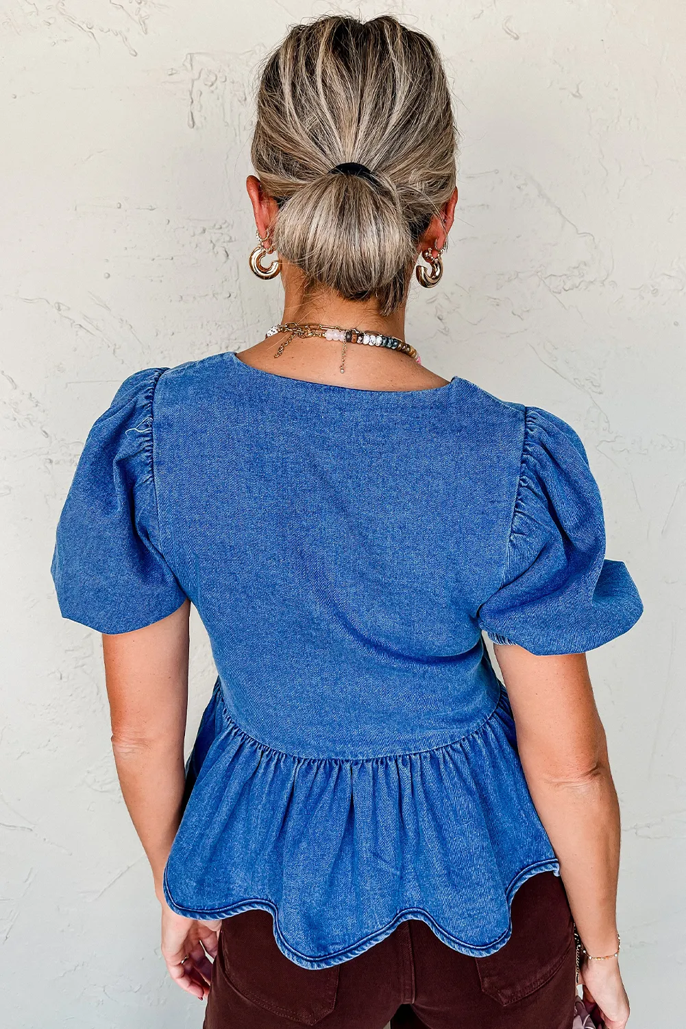 Sky Blue Bow Ties Puff Short Sleeve Peplum Denim Top