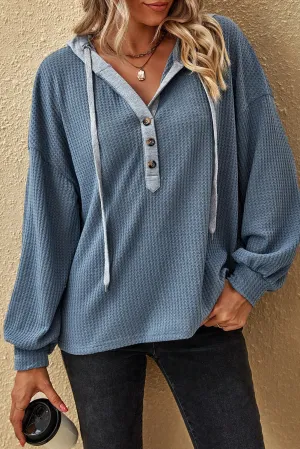 Sky Blue Waffle Knit Half-Button Drawstring Hoodie