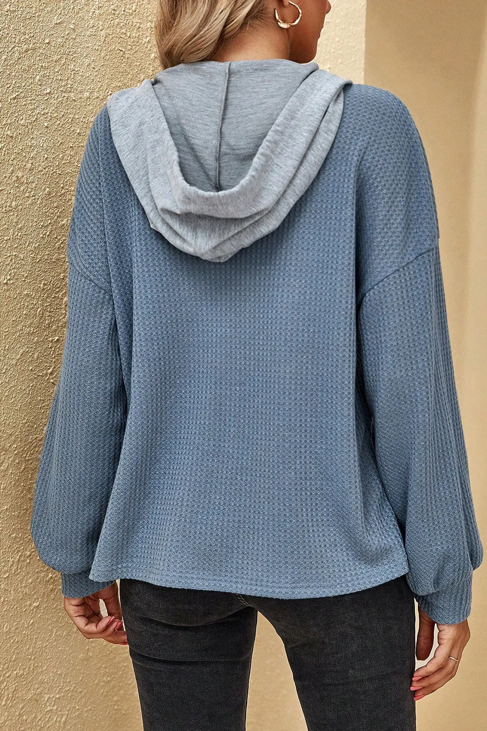 Sky Blue Waffle Knit Half-Button Drawstring Hoodie