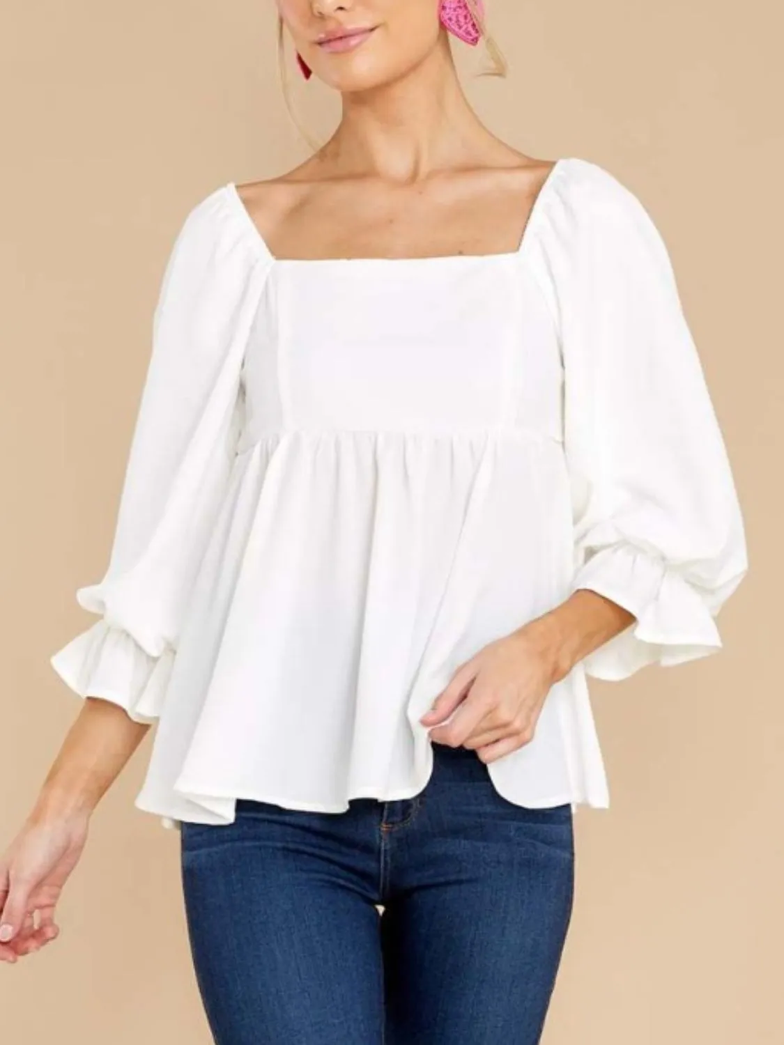 Smocked Square Neck Flounce Sleeve Blouse (2 Colors)
