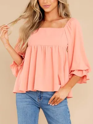 Smocked Square Neck Flounce Sleeve Blouse (2 Colors)