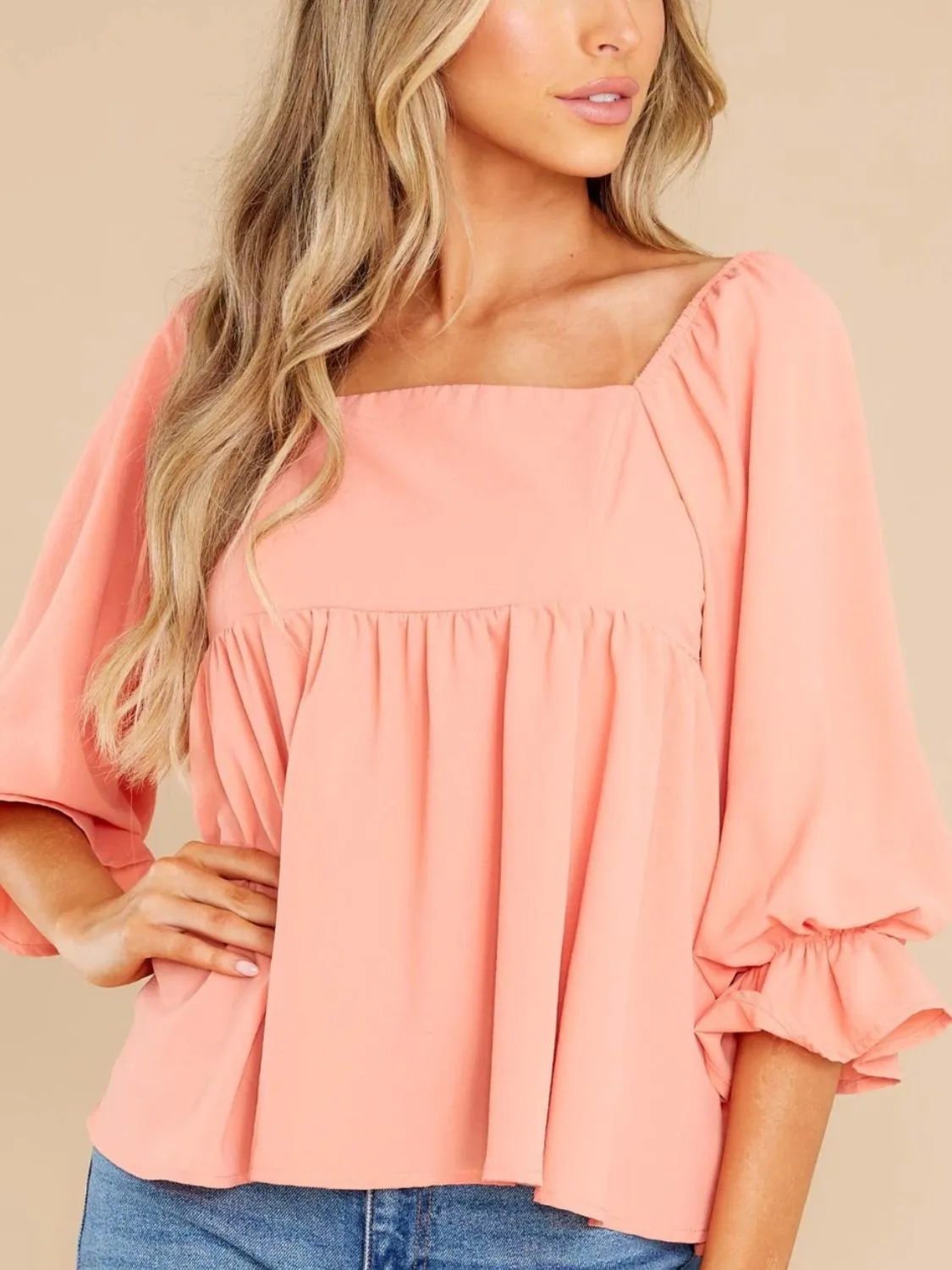 Smocked Square Neck Flounce Sleeve Blouse (2 Colors)