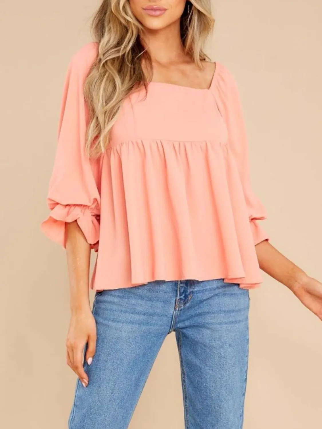 Smocked Square Neck Flounce Sleeve Blouse (2 Colors)